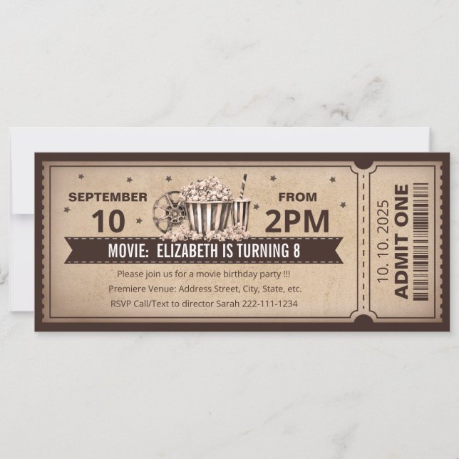 Invitation d'anniversaire avec billet de cinéma ré (Devant)