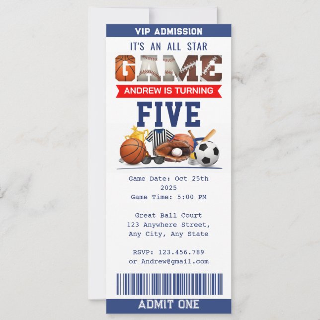 Invitation d'anniversaire avec billet de sport All (Devant)
