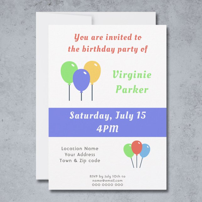 Invitation d'anniversaire avec des ballons colorés (Birthday Invitation with Colored Balloons - Back)