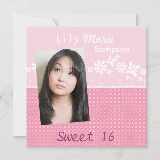 Invitation d'anniversaire avec fleurs roses carrée (Devant)