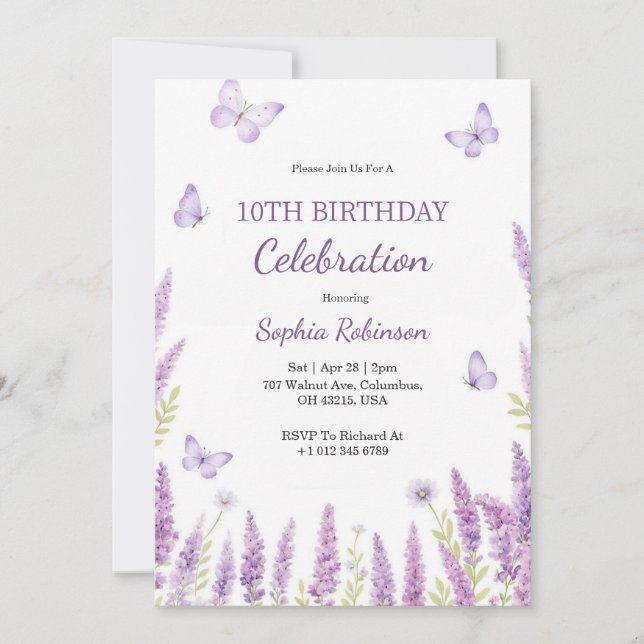 Invitation d'anniversaire avec motif floral violet (Devant)