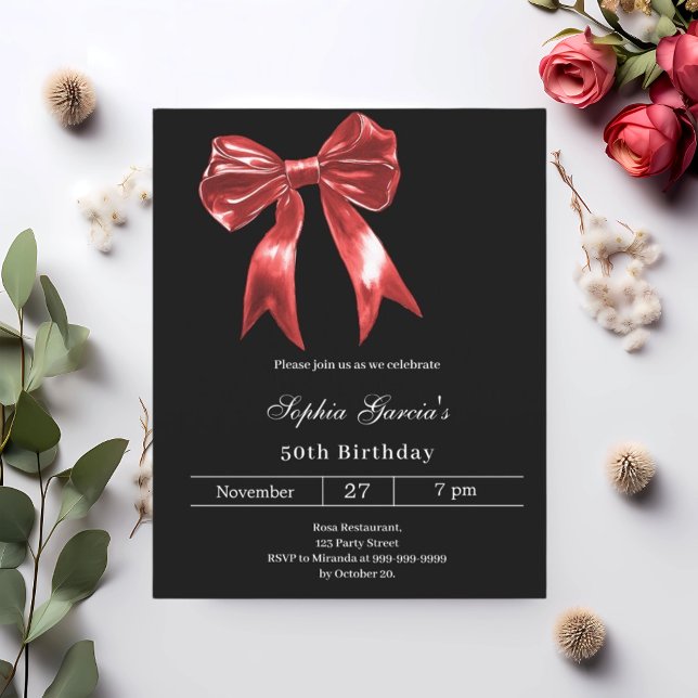 Invitation d'anniversaire avec nœud rouge noir (Créateur téléchargé)