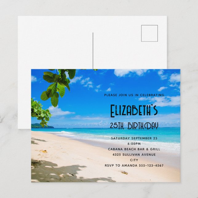 Invitation d'anniversaire avec photo de plage trop (Devant / Derrière)
