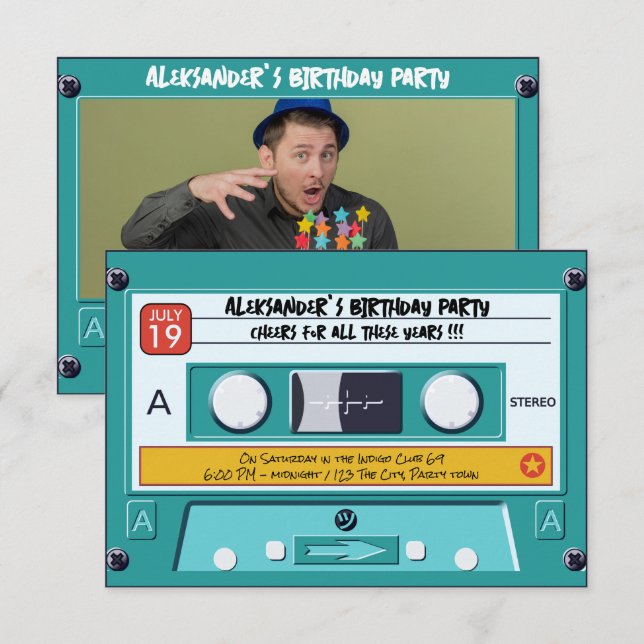 Invitation d'anniversaire avec photo sur cassette  (Devant / Derrière)