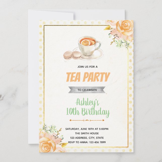 Invitation d'anniversaire avec thé et macaron sous (Devant)