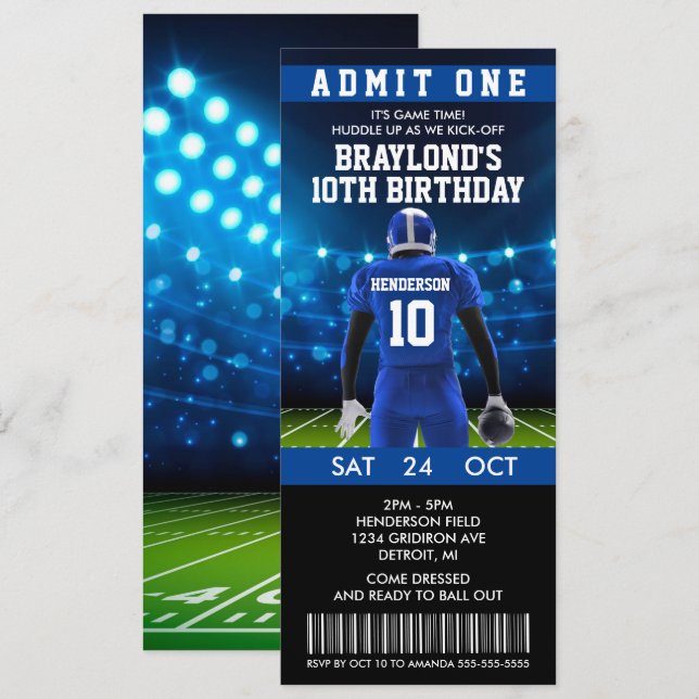 Invitation d'anniversaire avec un billet de footba (Devant / Derrière)