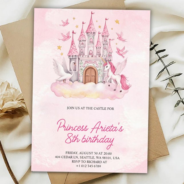 Invitation d'anniversaire avec un château rose  (Créateur téléchargé)