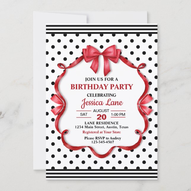 Invitation d'anniversaire avec un joli nœud cramoi (Devant)