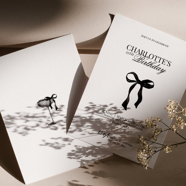 Invitation d'anniversaire avec un nœud noir modern (Créateur téléchargé)