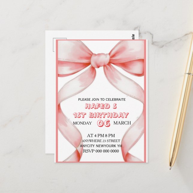 Invitation d'anniversaire avec un nœud rose, Invit (Devant/Arrière en situation)