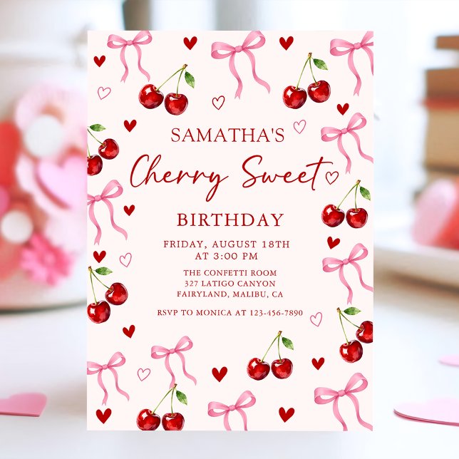 Invitation d'anniversaire avec un nœud sucré ceris (Créateur téléchargé)