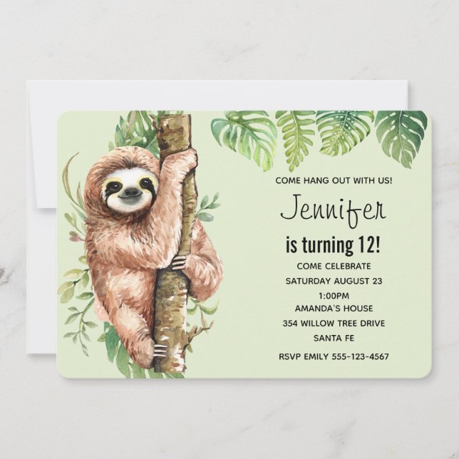 Invitation d'anniversaire avec un paresseux & feui (Devant)