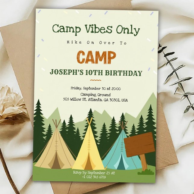 Invitation d'anniversaire avec une ambiance campin (Créateur téléchargé)