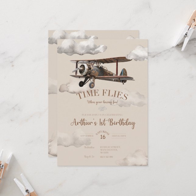 Invitation d'anniversaire avion Temps qui passe (Devant/Arrière en situation)