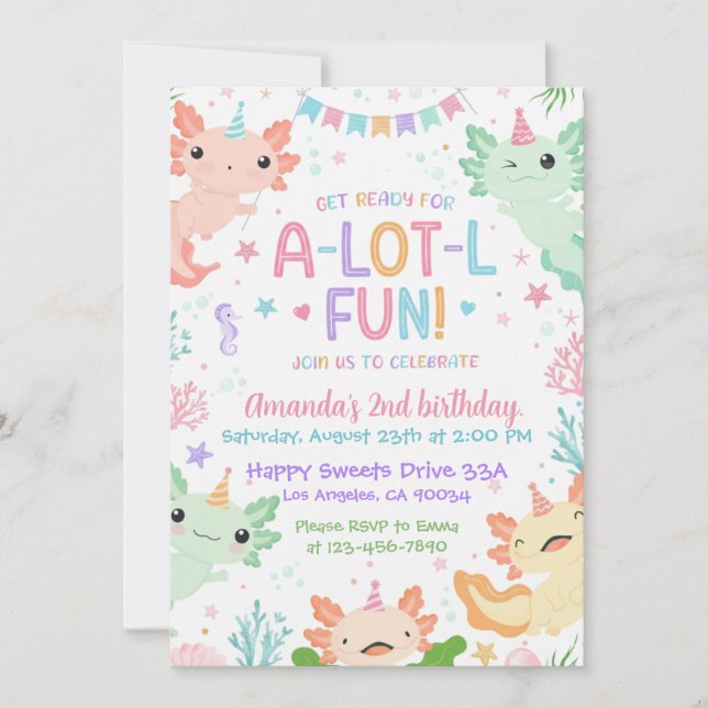 Invitation d'anniversaire Axolotl, Fête sous l'océ (Devant)