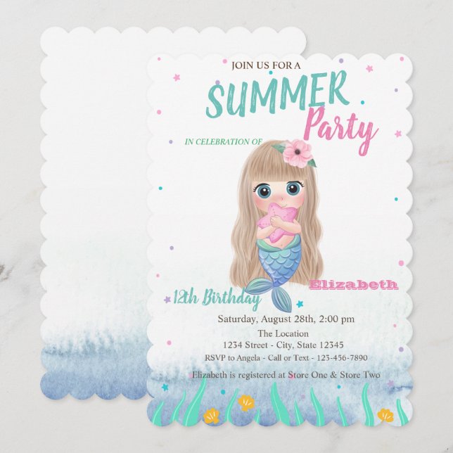 Invitation d'anniversaire Baby Mermaid Seashells (Devant / Derrière)