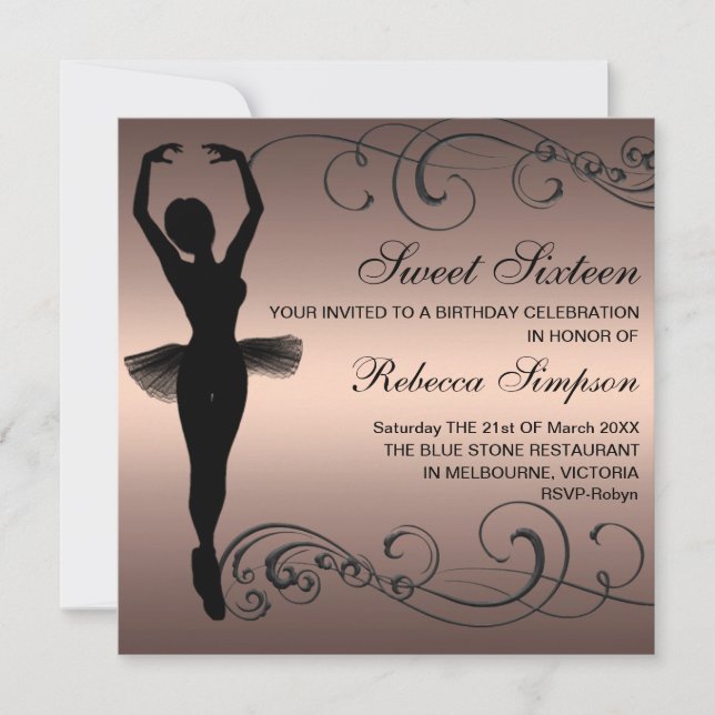 Invitation d'anniversaire Ballerine Noir & Pêche (Devant)
