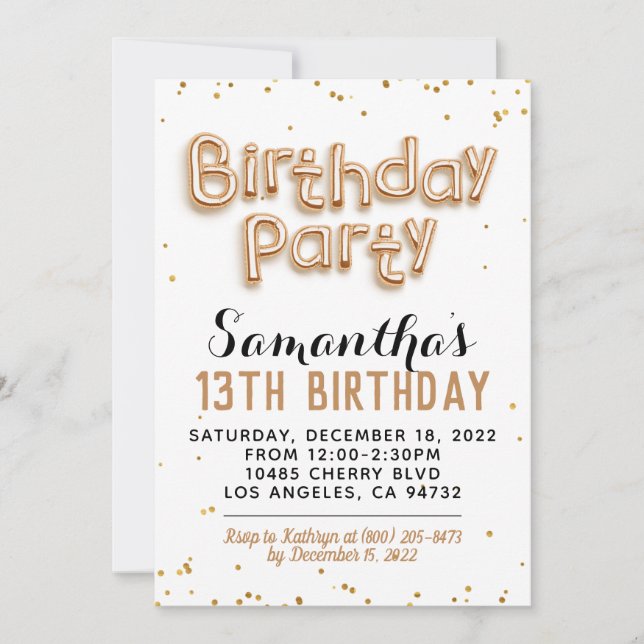 Invitation d'anniversaire ballon feuille d'or (Devant)