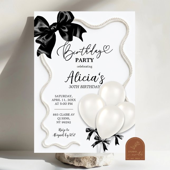 Invitation d'anniversaire ballon noir et blanc (Créateur téléchargé)