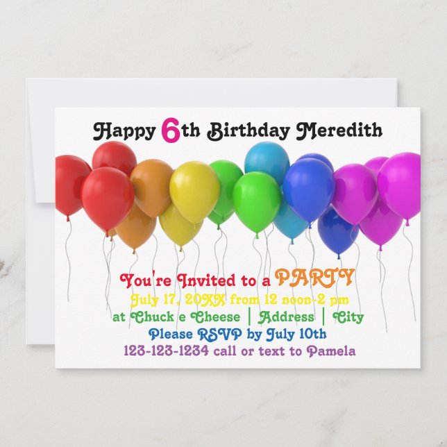 Invitation d'anniversaire Ballons Arc-en-ciel (Devant)