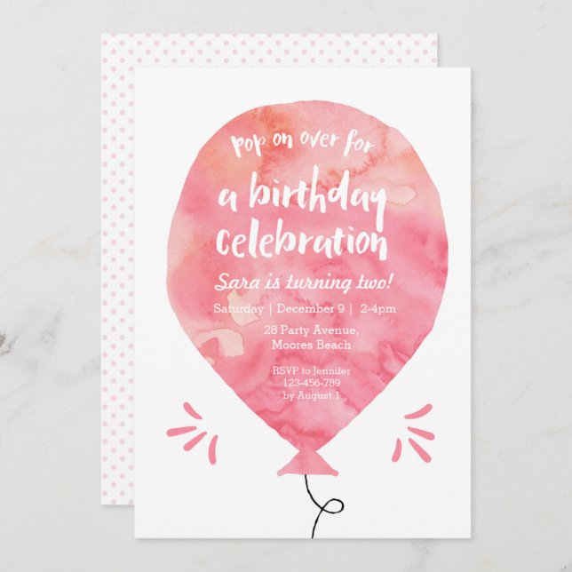 Invitation d'anniversaire | Ballotte rose Aquarell (Devant / Derrière)