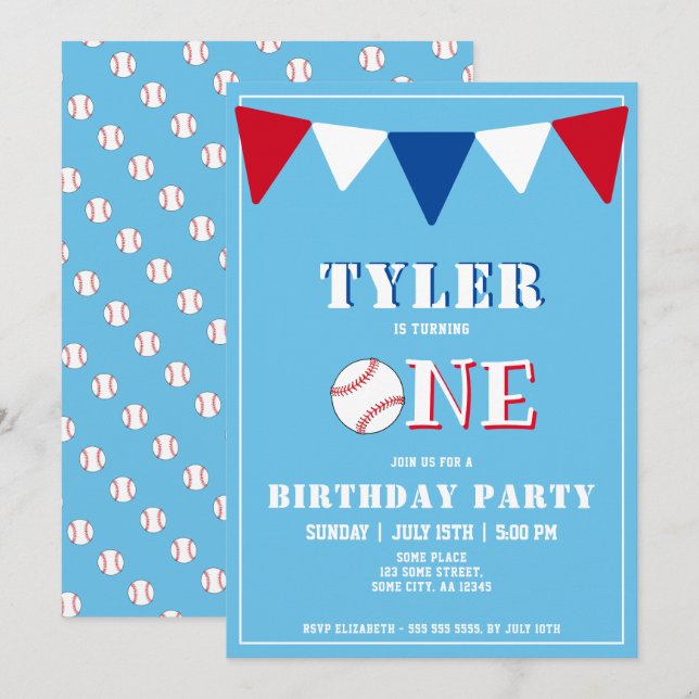 Invitation d'anniversaire Baseball Bleu Garçon 1er (Devant / Derrière)