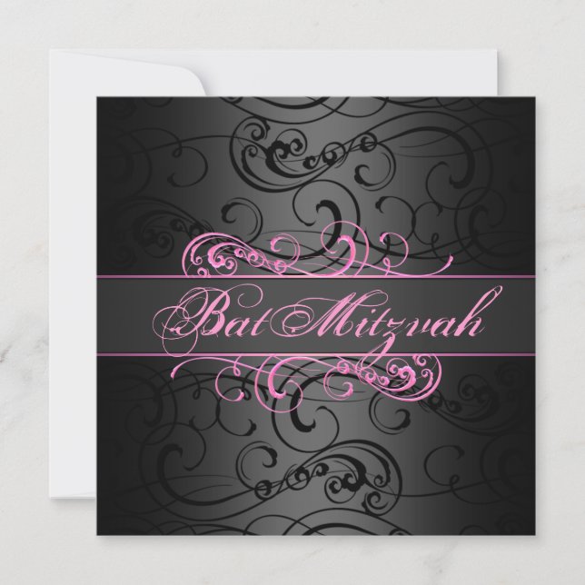 Invitation d'anniversaire bat mitzvah rose et noir (Devant)