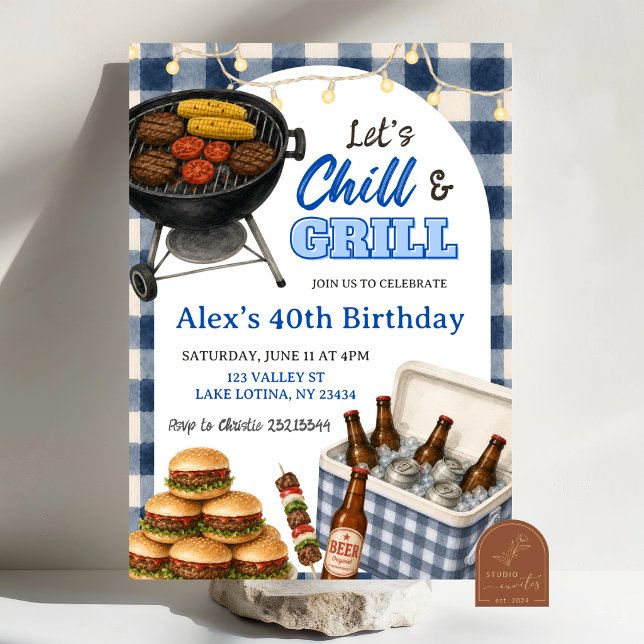 Invitation d'anniversaire BBQ Blue Gingham Grill a (Créateur téléchargé)