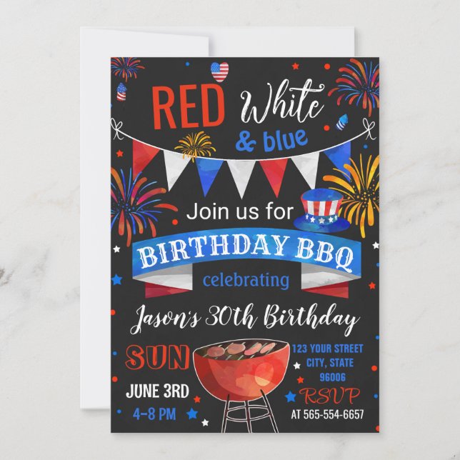 Invitation d'anniversaire BBQ Rouge Blanc et Bleu (Devant)