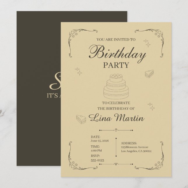 Invitation d'anniversaire beige neutre (Devant / Derrière)