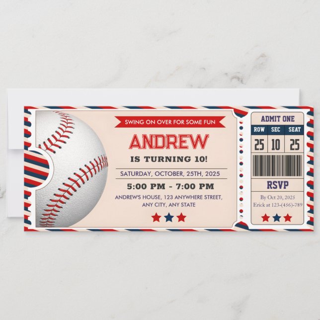 Invitation d'anniversaire billet de baseball perso (Devant)