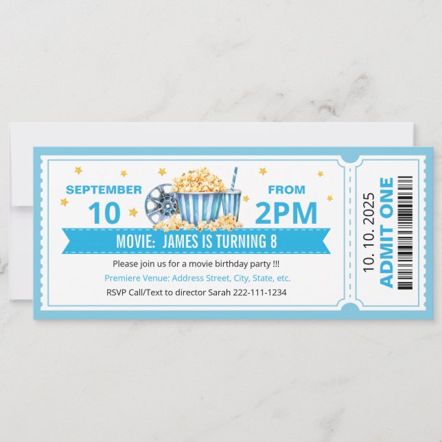 Invitation d'anniversaire billet de cinéma bleu (Devant)