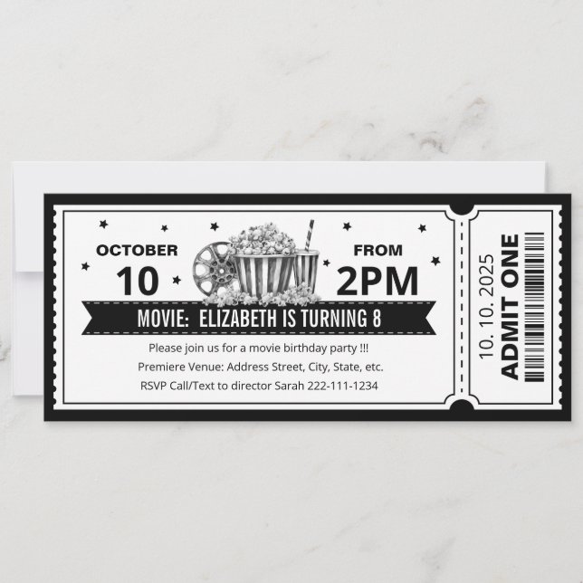 Invitation d'anniversaire billet de cinéma noir et (Devant)