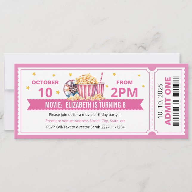 Invitation d'anniversaire billet de cinéma rose (Devant)