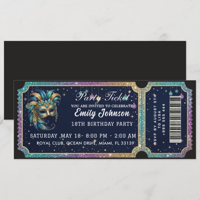 Invitation d'anniversaire billet de fête en or (Devant / Derrière)