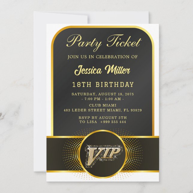 Invitation d'anniversaire billet de fête VIP (Devant)