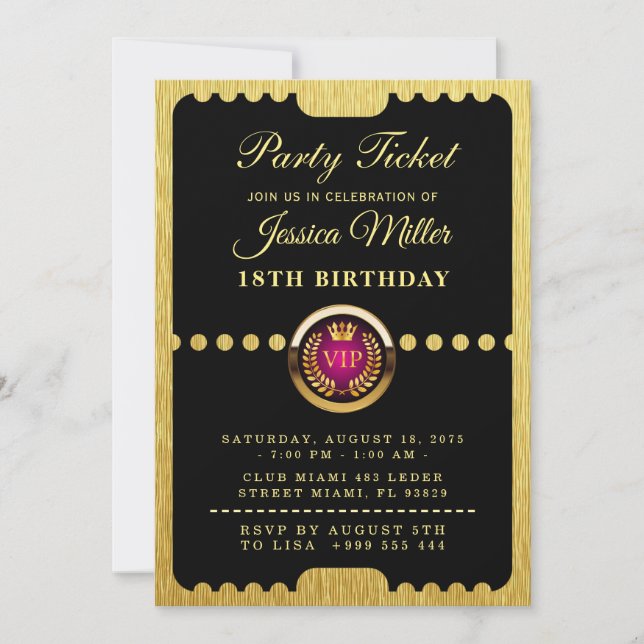 Invitation d'anniversaire billet de fête VIP (Devant)