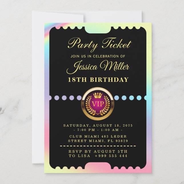 Invitation d'anniversaire billet de fête VIP (Devant)