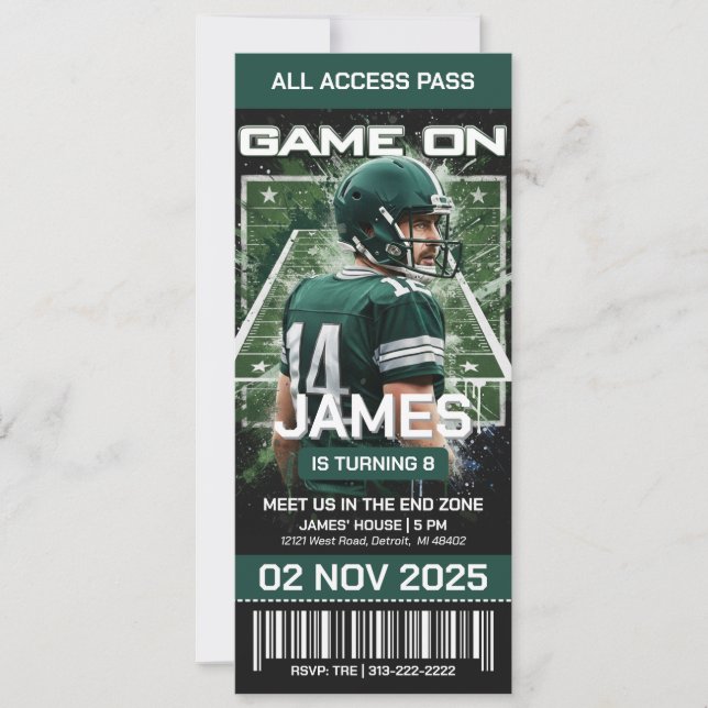Invitation d'anniversaire Billet de Football Vert  (Devant)