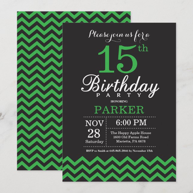 Invitation d'anniversaire Black and Green Chevron (Devant / Derrière)