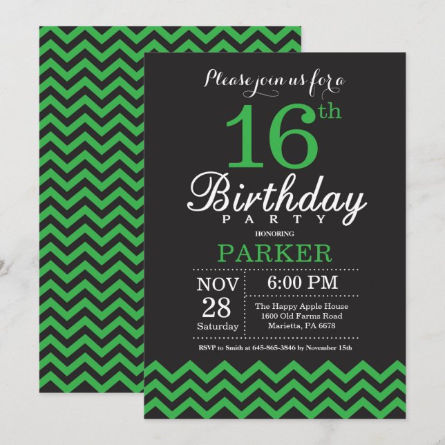 Invitation d'anniversaire Black and Green Chevron (Devant / Derrière)