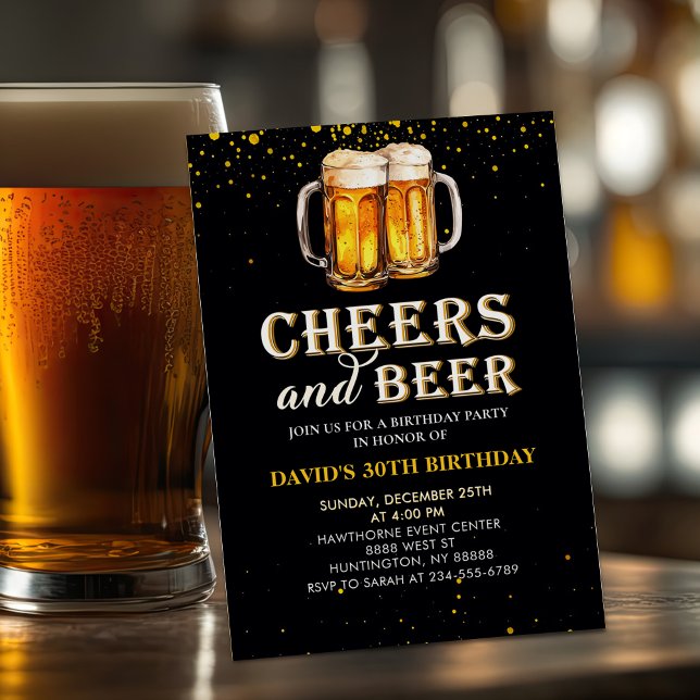 Invitation d'anniversaire Black Gold Cheers and Be (Créateur téléchargé)