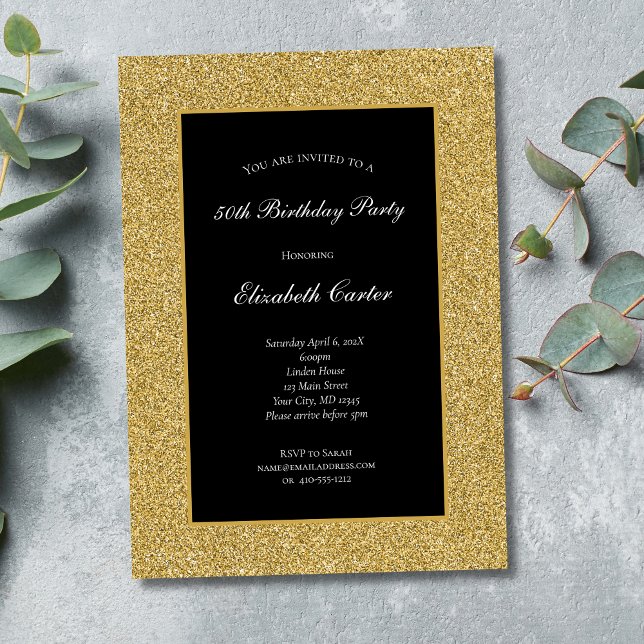 Invitation d'anniversaire Black Gold Glitter 50e 6 (Black and Gold Glitter 50th Birthday invitation. Formal Elegant. Instant Download Digital or Printed)