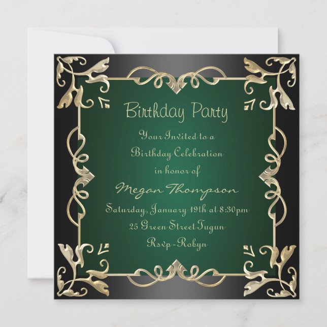 Invitation d'anniversaire Black/Gold & Green Swirl (Devant)