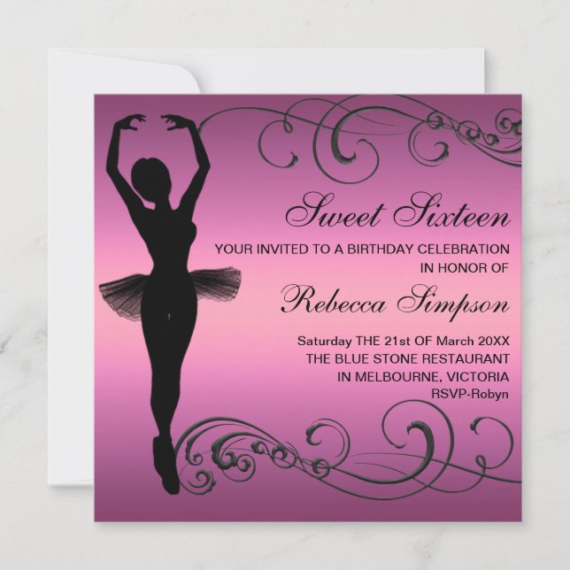 Invitation d'anniversaire Black & Pink Ballerina & (Devant)