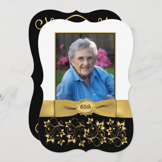 Invitation d'anniversaire Black, White, Gold 65th  (Devant / Derrière)