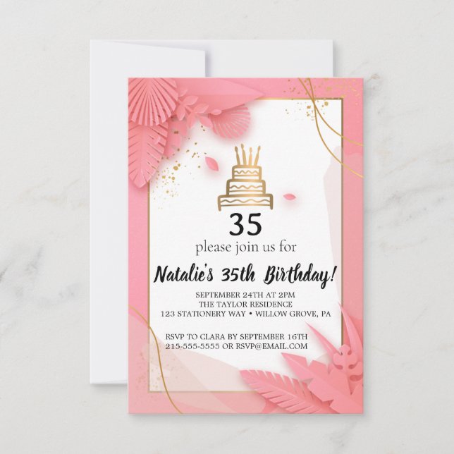 Invitation d'anniversaire blanche et rose 35e (Devant)