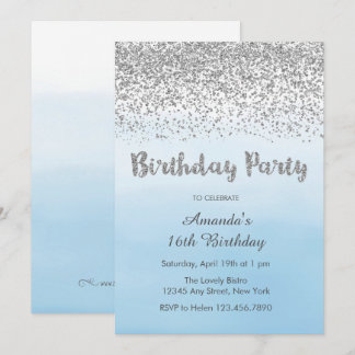 Invitation d'anniversaire bleu doux et argent