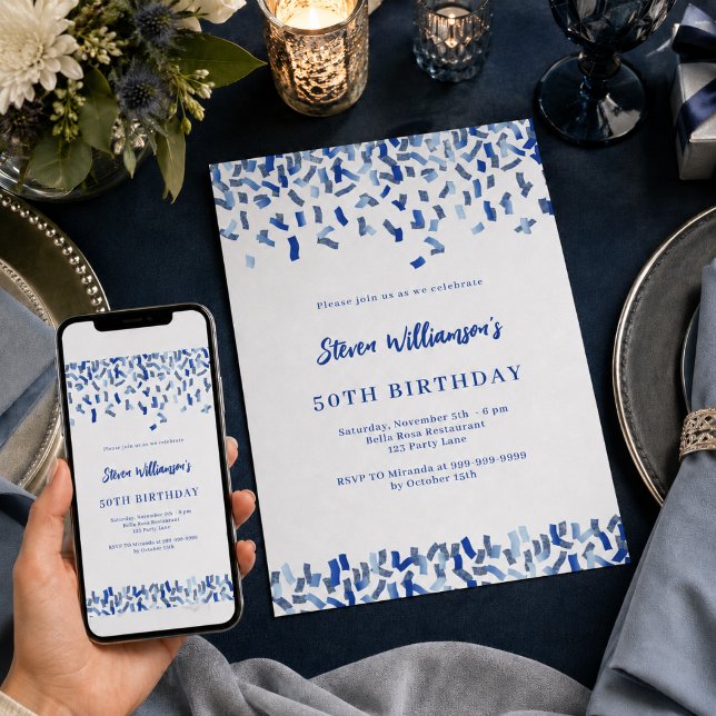 Invitation d'anniversaire bleu marine blanc confet (Créateur téléchargé)