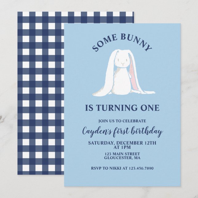 Invitation d'anniversaire bleu pour un premier ann (Devant / Derrière)